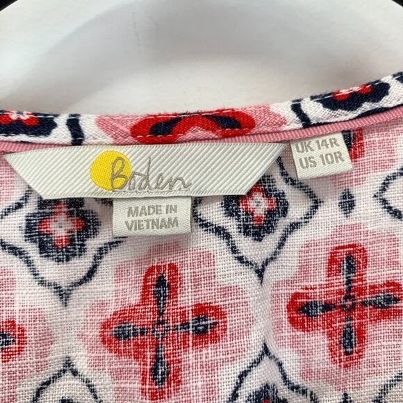 Boden Mini Dress Womens 10 White Blue Red Geometric Patterned 100% Linen Pockets - Picture 6 of 8
